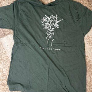 Army Green S/S Cotton T-shirt w/ "No Rain No Flowers" and Flower Graphic, XL